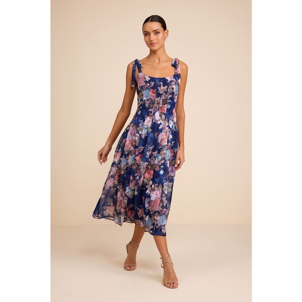 NWT Lulus Jodia Navy Multi Floral Pleated Tie-Strap Midi Dress size Medium